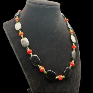 Artisan Handmade Black and Red Beaded Women's Necklace Statement Jewelry 13”